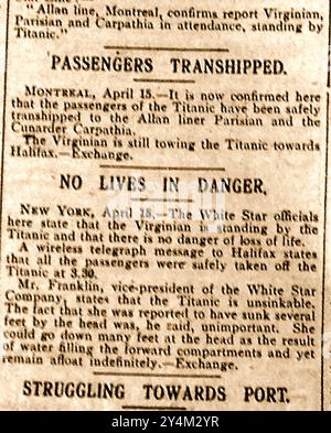 Le rapport QUOTIDIEN du 16 avril 1912 rapportait mystérieusement que tous les passagers étaient en sécurité et avaient été transférés sur le paquebot Allan Parisian et qu'AUCUNE VIE N'ÉTAIT EN DANGER car les passagers avaient été enlevés du Titanic à 3,30 ans précisément. Banque D'Images