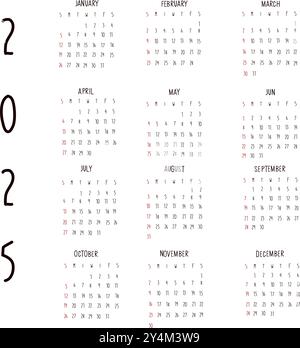 calendrier dessiné à la main 2025. Calendrier moderne, planificateur mensuel. Illustration vectorielle dessinée à la main. Design simple et moderne Illustration de Vecteur