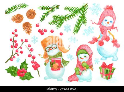 Ensemble de personnages et d'éléments d'hiver. Mignons bonhommes de neige aquarelle, branches d'arbres de conifères, brindilles de houx et baies, pommes de pin, flocons de neige et cadeau Banque D'Images