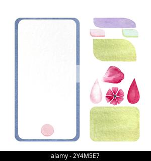 Un constructeur d'application mobile avec des panneaux et des boutons, un pétale rose et une goutte de sang pour le suivi des périodes menstruelles, ensemble aquarelle isolé sur blanc. Banque D'Images