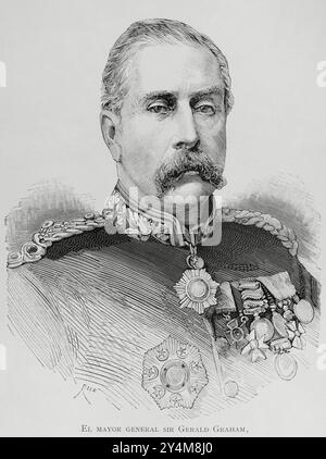 Sir Gerald Graham (1831-1899) Lieutenant général britannique dans le corps des ingénieurs royaux. Portrait. Gravure de Bernardo Rico. La Ilustración Española y Americana (illustration espagnole et américaine), 15 mars 1884. Banque D'Images