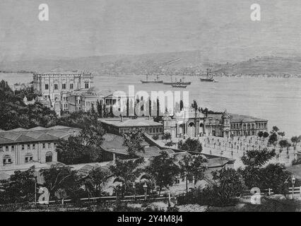 Histoire de la Turquie. Constantinople. Palais Dolmabahçe. Construit entre 1843 et 1856 sur ordre du sultan Abdülmecid I (1823-1861). Elle fut la résidence officielle des sultans turcs et le centre administratif de l'Empire ottoman entre 1856-1887 et 1909-1922. Palais impérial de Dolmabahçe, sur les rives du Bosphore. Gravure par Vela. La Ilustración Española y Americana (illustration espagnole et américaine), 22 février 1884. Banque D'Images