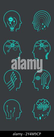 Ensemble de style de ligne d'intelligence artificielle. têtes de robot d'apprentissage automatique. Collection de vecteur d'icônes d'intelligence artificielle Illustration de Vecteur
