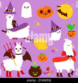 Ensemble lama d'Halloween. Lamas mignons dans les costumes d'Halloween, friandises, bonbons et autres objets d'Halloween. Fête d'Halloween pour un tour ou un cadeau. Banque D'Images