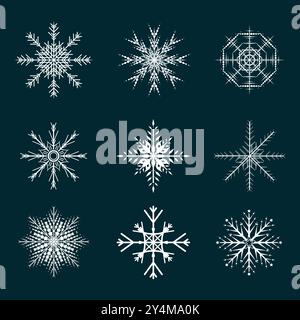 Collection de flocons de neige doux isolé sur fond noir. Définir des icônes de neige plate, silhouette. Bel élément pour bannière de Noël, cartes. Ornement du nouvel an Illustration de Vecteur