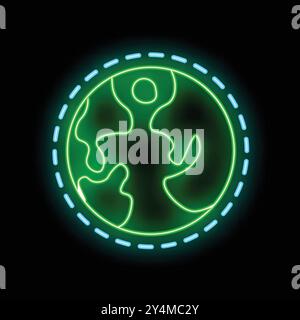 Enseigne au néon montrant la terre verte stylisée avec orbite sur fond noir Illustration de Vecteur