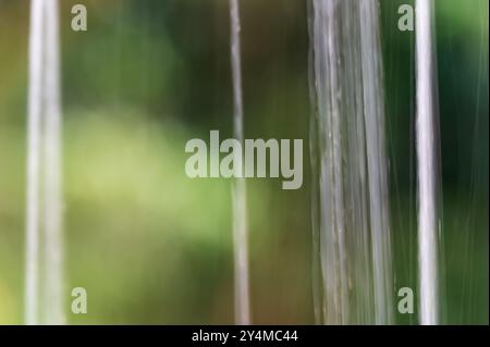 Gros plan de gouttes de pluie coulant sur une vitre. La mise au point douce et le fond flou créent une atmosphère sereine et apaisante. Banque D'Images