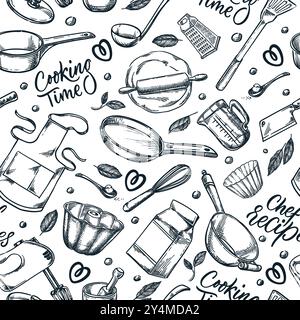 Cuisine et ustensiles de cuisine modèle sans couture. Illustration d'esquisse dessinée à la main vectorielle. Recette de cuisson et fond de doodle culinaire. Textile mode pr Illustration de Vecteur