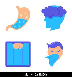 Ensemble d'icônes néon de symptômes intestinaux malsains. Ballonnements, brouillard cérébral, prise de poids. Illustration vectorielle. Illustration de Vecteur