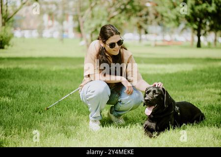 Jeune femme brune handicapée caressant son beau Labrador noir alors qu'il était allongé sur l'herbe et se reposait Banque D'Images