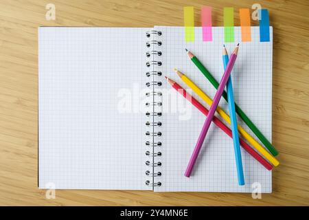 Crayons de couleur sur le côté droit d'un classeur à anneaux ouvert, le côté gauche est vide comme une maquette, sur une table en bois, vue en angle élevé d'en haut, espace de copie, Banque D'Images