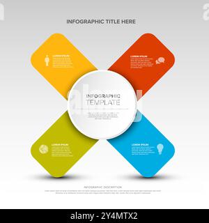 Modèle d'infographie croisée polyvalent avec grand centre et quatre éléments sur des rayures croisées de couleur tous sur fond blanc avec ombre claire Illustration de Vecteur