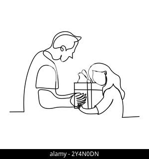 Boîtes-cadeaux suspendues. Dessin d'art continu d'une ligne dessin d'art de ligne de boîte cadeau. Paquet surprise emballé pour noël ou fête d'anniversaire. Illustration de Vecteur