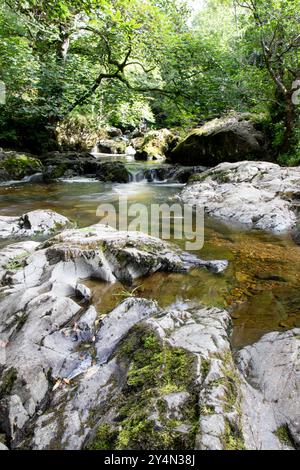 Bassins peu profonds au milieu des rochers au fond de la chute d'eau Aira force dans le district de Lake. Banque D'Images