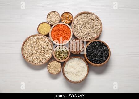 Différents types de céréales, graines et légumineuses dans des bols sur une table en bois blanc, pose à plat Banque D'Images