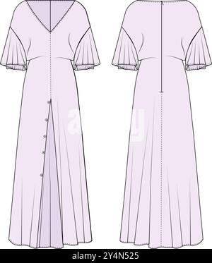col en v évasé manches courtes avec fente et bouton slouchy long maxi robe modèle technique dessin plat dessin cao maquette mode femme Illustration de Vecteur