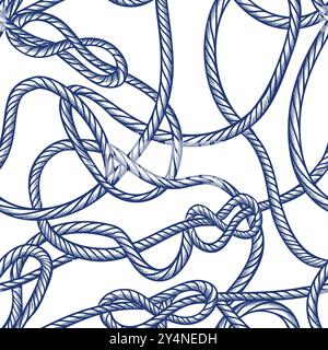 Motif nautique vintage sans couture avec corde de noeud bleu. Illustration d'esquisse dessinée à la main vectorielle. Fond abstrait marin. Imprimé textile de mode, fabri Illustration de Vecteur