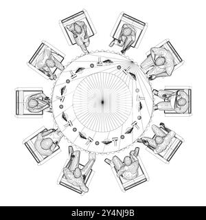 Contour des personnes assises dans le restaurant sur des chaises à la table ronde de lignes noires isolées sur fond blanc. Intérieur du restaurant. Vue de dessus. VEC Illustration de Vecteur