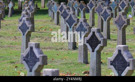 Gosport, Hampshire, Angleterre. 13 septembre 2024. Arrangement des pierres tombales de la guerre. Cette photo fait partie d'une série que j'ai prise lors d'une récente visite au cimetière de la Marine royale de Haslar pendant les Journées portes ouvertes du patrimoine de Gosport. Cette sélection comprend quelques photos que j'ai prises sur le chemin de l'événement et en dehors, alors que j'étais à pied. Banque D'Images