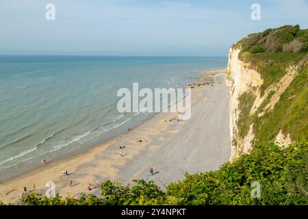 La belle plage et les falaises de Veules-les-Roses, Normandie, France Banque D'Images