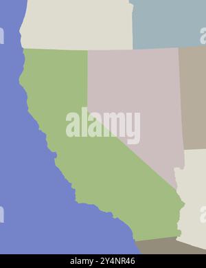 La Californie est vue dans une carte en couleurs très simple et épurée du sud-ouest des États-Unis. Banque D'Images