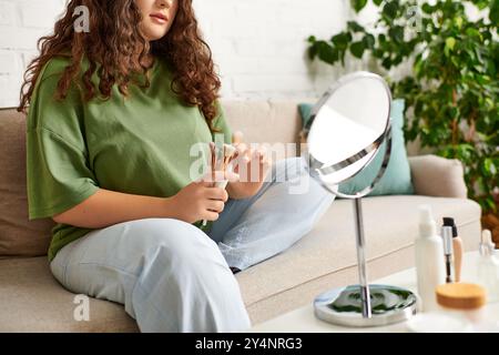 Une jeune femme aux cheveux bouclés explore ses produits de beauté tout en se relaxant sur un canapé confortable du salon. Banque D'Images