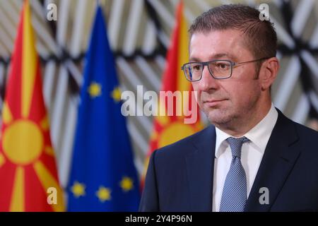 Bruxelles, Belgique. 19 septembre 2024. Hristijan MICKOSKI, premier ministre de Macédoine du Nord, donne un discours à Bruxelles, Belgique, le 19 septembre 2024. Crédit : ALEXANDROS MICHAILIDIS/Alamy Live News Banque D'Images