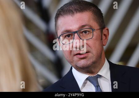 Bruxelles, Belgique. 19 septembre 2024. Hristijan MICKOSKI, premier ministre de Macédoine du Nord, donne un discours à Bruxelles, Belgique, le 19 septembre 2024. Crédit : ALEXANDROS MICHAILIDIS/Alamy Live News Banque D'Images