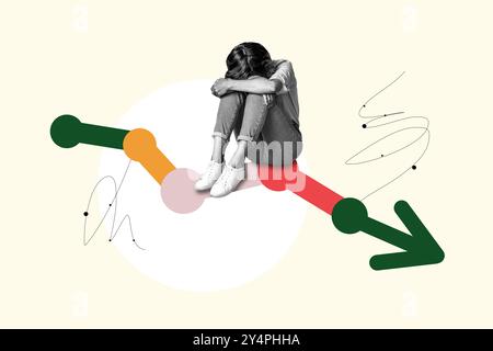 Illustration collage image de triste bouleversé jeune femme pleurant la flèche de souffrance vers le bas isolé sur fond de dessin créatif Banque D'Images