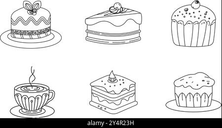 Design vectoriel d'art en ligne avec des griffonnages mignons de gâteaux cupcakes Illustration de Vecteur