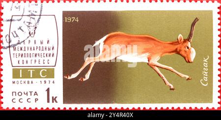 Photo d'un timbre-poste russe kopek Saiga Antelope Saiga tatarica 1er Congrès international de thériologie ITC 1974 Banque D'Images