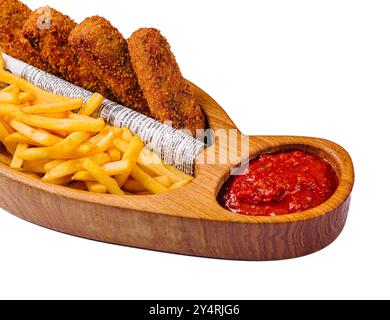 Nuggets panés avec une trempette bbq et frites Banque D'Images