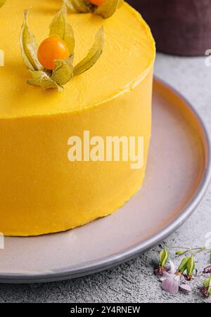 Savoureux gâteau mousse de mangue sur assiette Banque D'Images