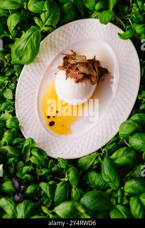 oeuf poché avec copeaux de truffe servis sur un lit de feuilles de basilic frais Banque D'Images