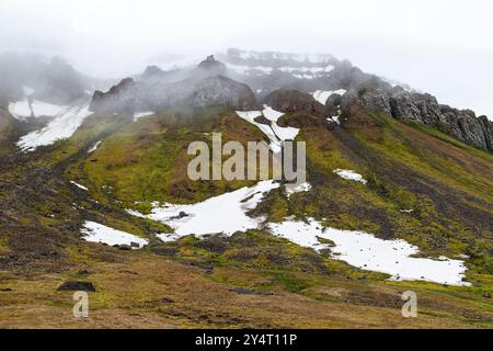 Vue du cap Flora sur l'île Northbrook dans la terre de Franz Josef, Russie, océan Arctique. Banque D'Images