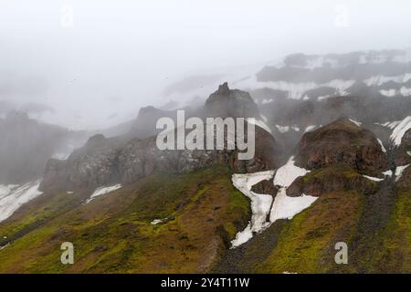 Vue du cap Flora sur l'île Northbrook dans la terre de Franz Josef, Russie, océan Arctique. Banque D'Images