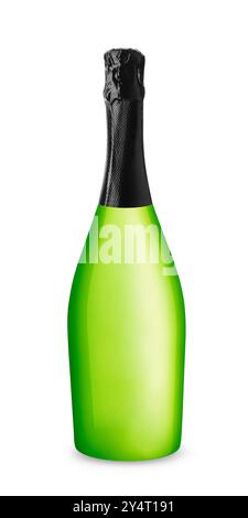 Bouteille de champagne verte élégante isolée sur un fond blanc pour la fête et la fête de luxe avec un design moderne et sans étiquette, parfait pour griller o Banque D'Images