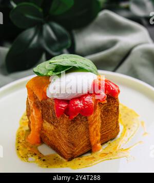 Plat de brunch élégant avec un œuf poché sur du pain grillé avec une sauce au poivron rouge Banque D'Images