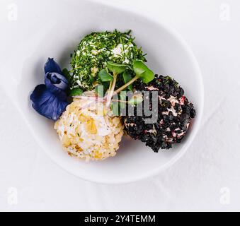 Trio de boulettes de fromage enrobées de diverses herbes servies sur un plat élégant, isolé sur fond blanc Banque D'Images