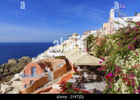 Bâtiments blancs traditionnels face à la mer Égée à Oia, île de Santorin, Grèce, Europe Banque D'Images