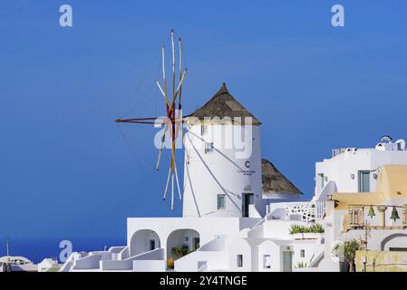 Moulin à vent et bâtiments blancs traditionnels face à la mer Égée à Oia, Santorin, Grèce, Europe Banque D'Images