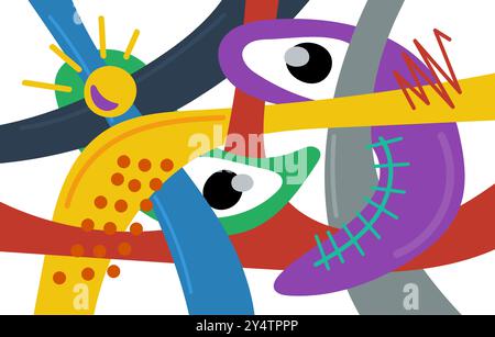 Abstraction surréaliste biomorphe naïve formes graphiques bannière de collage. Moderne et tendance, sans biomorphe, forme un imprimé gribouillé fou. Affiche artistique décorative de figures de style y2k. Oeuvre psychédélique. EPS Illustration de Vecteur