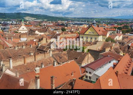 Vue aérienne de maisons à Sibiu, Transylvanie, Roumanie, Europe Banque D'Images