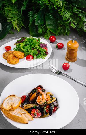 Délicieux dîner de fruits de mer avec moules et crevettes grillées servies sur table Banque D'Images