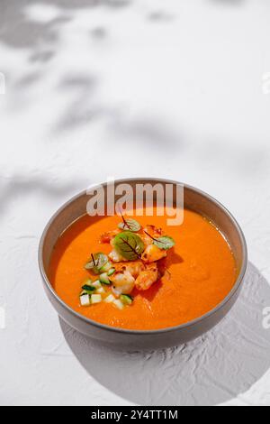 Le bol est rempli d'une soupe de tomates vibrante et crémeuse et garni de crevettes fraîches, de concombre et de légumes verts Banque D'Images