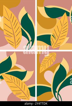 Cette œuvre d'art botanique abstraite présente une collection de quatre panneaux carrés présentant chacun une composition unique de feuilles stylisées et de formes organiques Illustration de Vecteur
