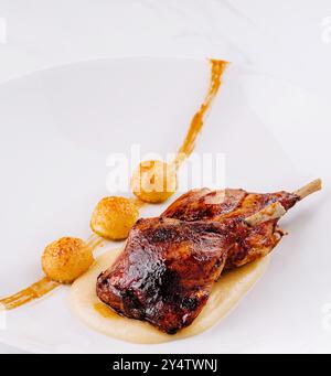 Les cuisses de poulet rôties sont servies sur une assiette blanche avec une purée de pommes de terre et des boulettes croustillantes Banque D'Images