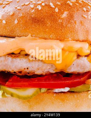 Hamburger de poulet juteux avec fromage fondu et légumes frais entre deux moitiés d'un pain aux graines de sésame Banque D'Images