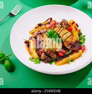 Salade gourmande avec foie de poulet, poire cuite, tomates et roquette habillée de sauce balsamique servie sur une assiette blanche sur fond vert Banque D'Images