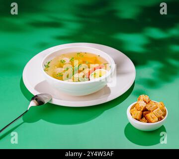 Soupe de poulet à la vapeur avec boulettes de viande, légumes et herbes servies avec des croûtons sur fond vert Banque D'Images